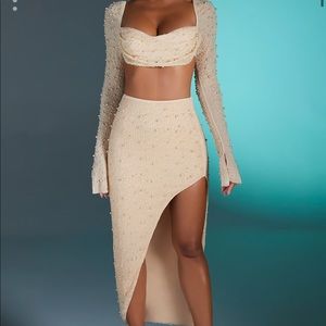 Oh Polly BORDEAUX EMBELLISHED MAXI SKIRT (SAND) & LA DÉSIRADE COWL NECK CROP TOP